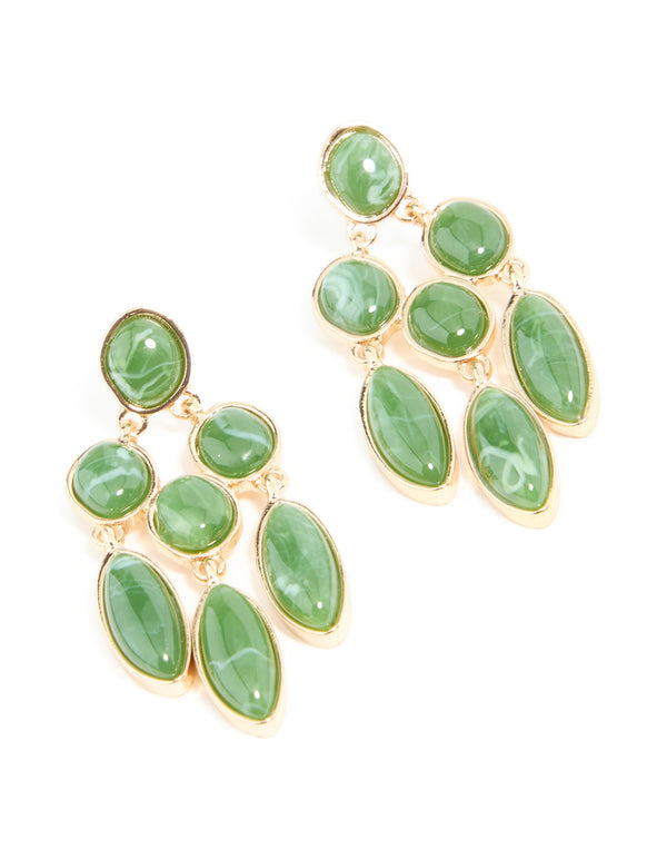 Gold Green Stone Marquise Trio Drop Earrings
