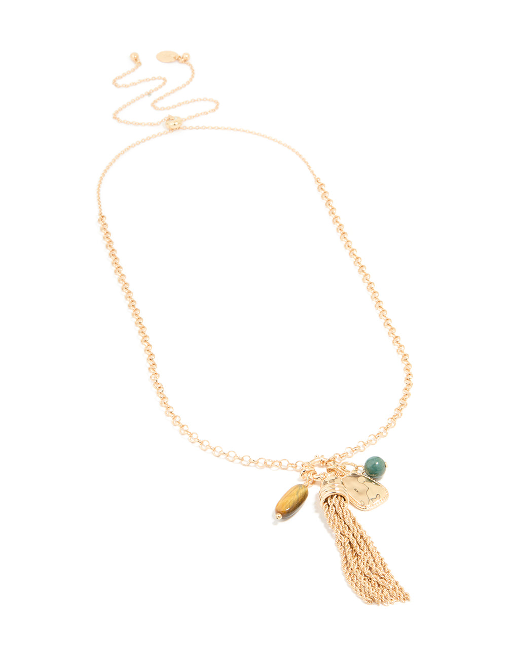 Gold Tigers Eye & Green Aventurine Semi Precious Stone Tassel Necklace