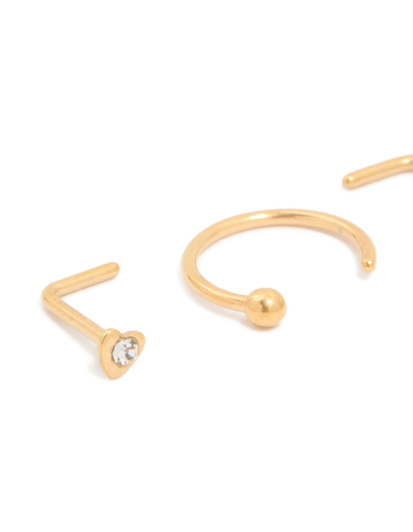 Gold Plated Surgical Steel Heart Nose Rings & Studs 3-Pack