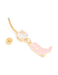 Gold Plated Surgical Steel Pink Cubic Zirconia Cowboy Boot Belly Bar - link has visual effect only