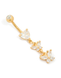 Gold Plated Surgical Steel Cubic Zirconia Heart & Butterfly Drop Belly Bar - link has visual effect only