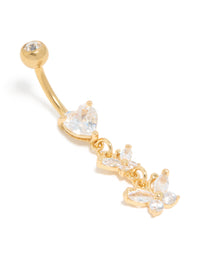Gold Plated Surgical Steel Cubic Zirconia Heart & Butterfly Drop Belly Bar - link has visual effect only