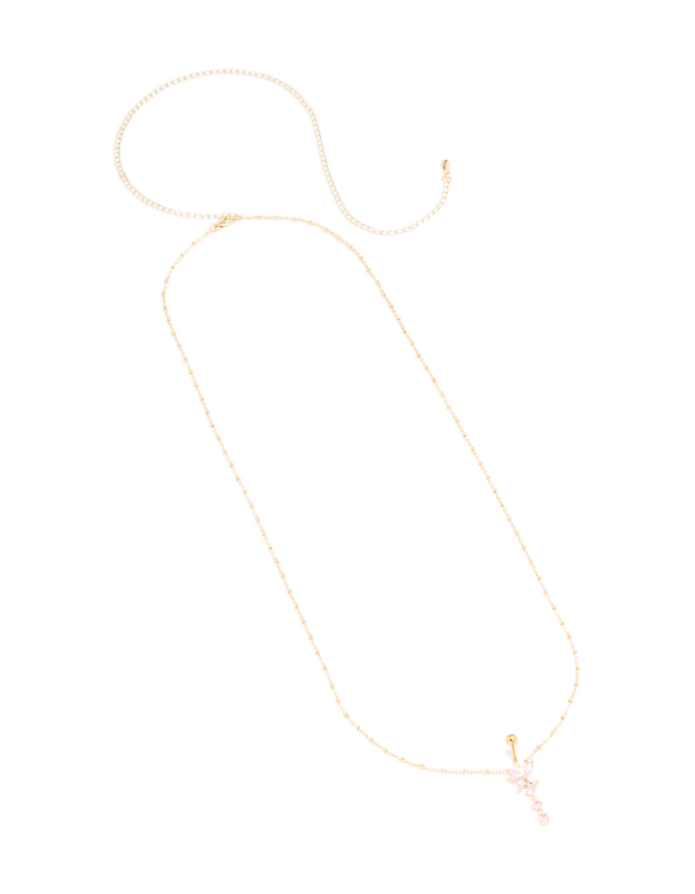 Gold Plated Surgical Steel Pink Cubic Zirconia Butterfly Belly Bar & Chain