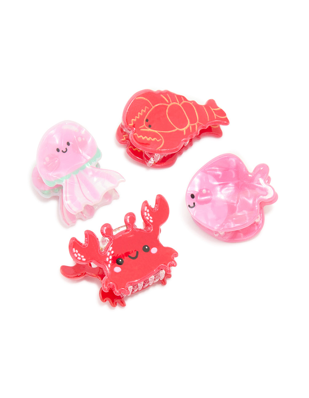 Discover acrylic sea life claw clips 4-pack featuring ocean designs in pink, coral and black front view