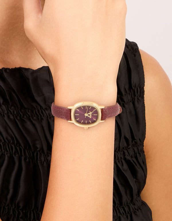 Gold Burgundy PU Leather Oval Watch