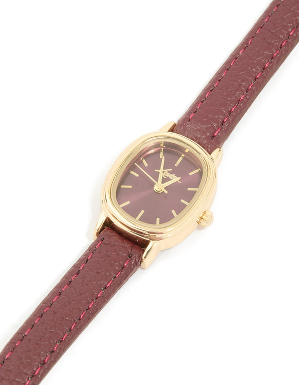 Gold Burgundy PU Leather Oval Watch