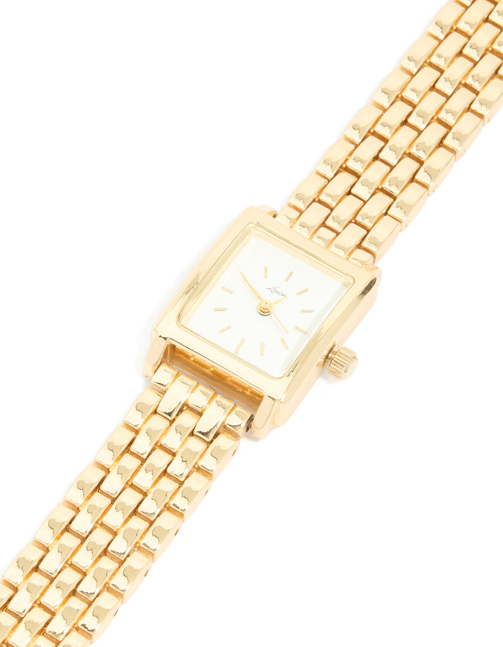 Presenting a white dial square watch with link band in gold, designed for women with formal occasion styling and statement analog features watch face detail view