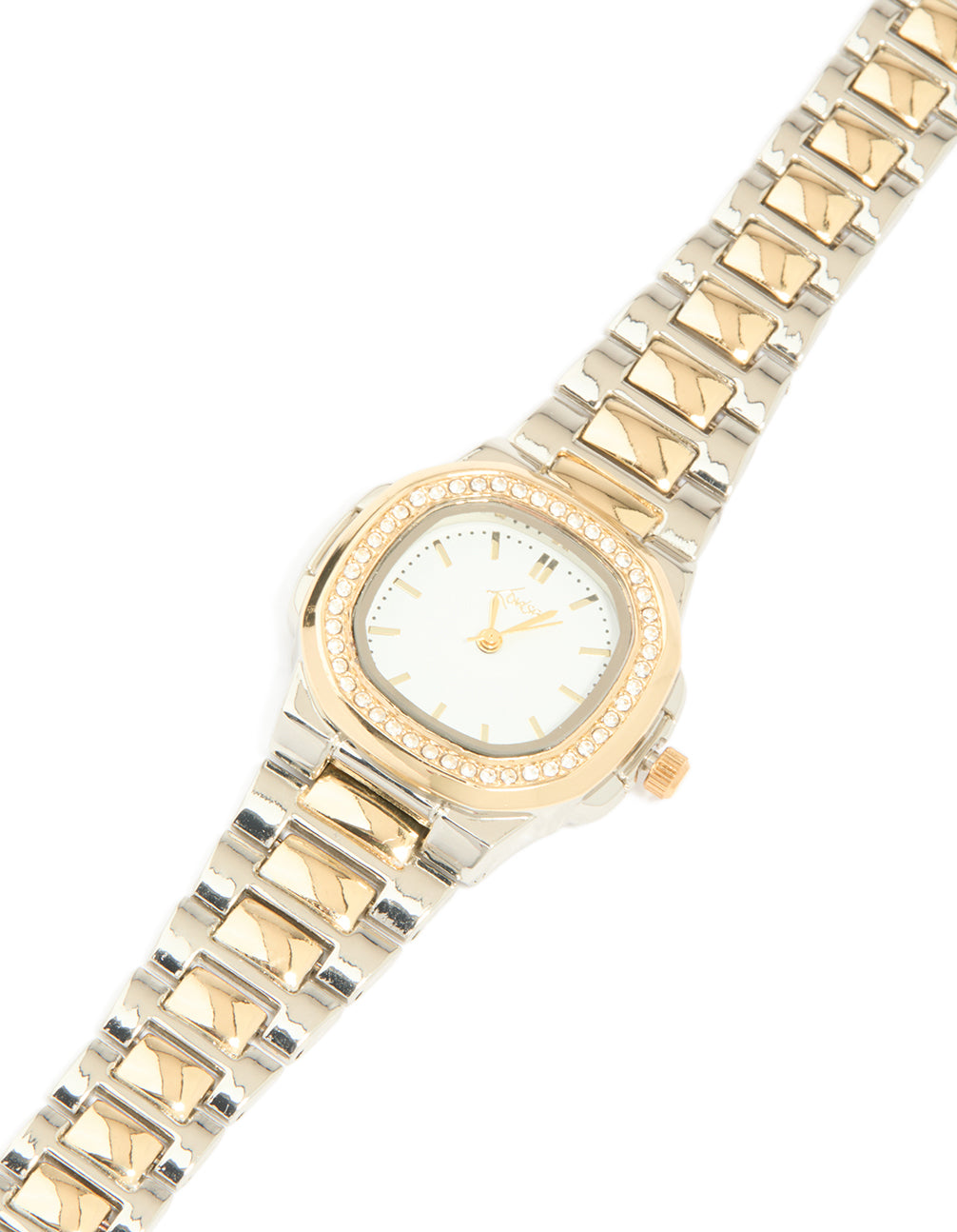 Elegant silver and gold diamante pilot watch featuring white dial with stones, square shape, multi-color link band, and analog display designed for women's formal occasions watch face detail view