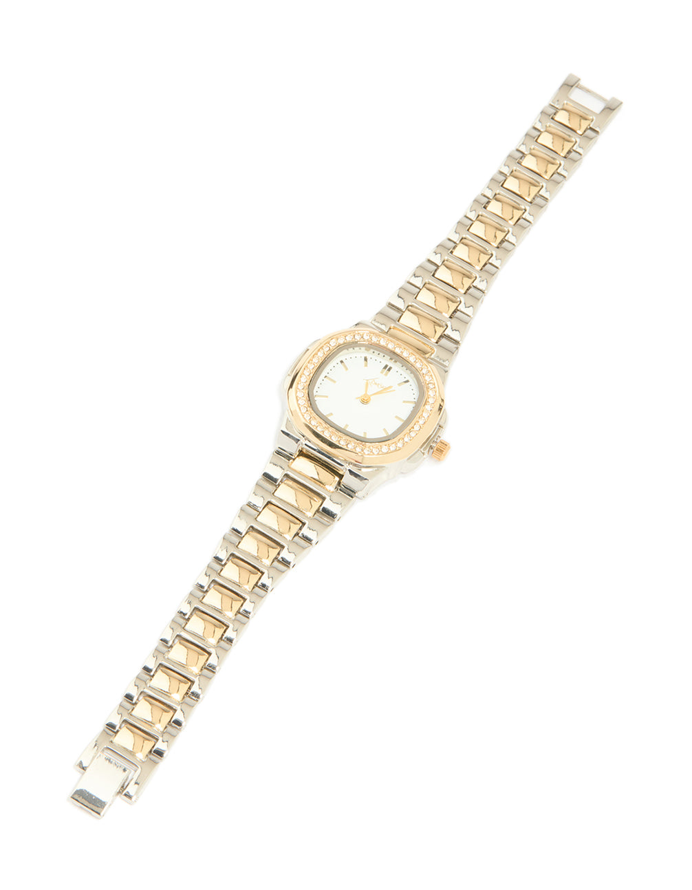 Stylish silver and gold diamante pilot watch featuring white dial with stones, square shape, multi-color link band, and analog display designed for women's formal occasions front view