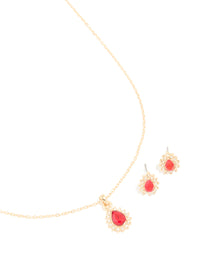 Gold Red Diamante Pear Border Pendant Necklace & Earrings Set - link has visual effect only
