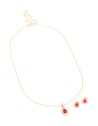 Gold Red Diamante Pear Border Pendant Necklace & Earrings Set - link has visual effect only