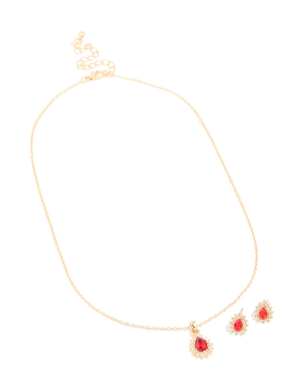 Gold Red Diamante Pear Border Pendant Necklace & Earrings Set