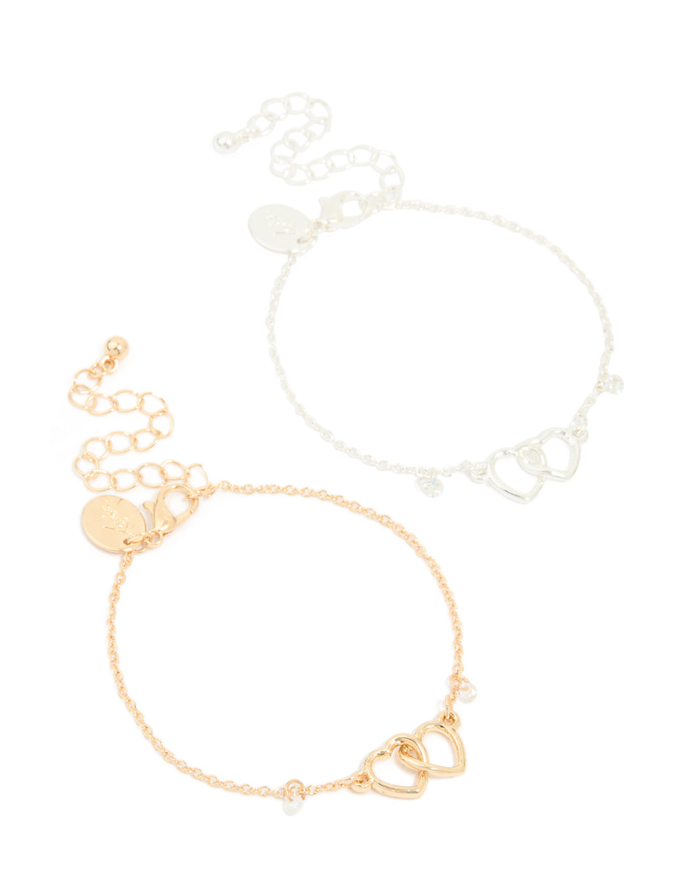 Mixed Metals Open Linked Hearts Cubic Zirconia Bracelets 2-Pack