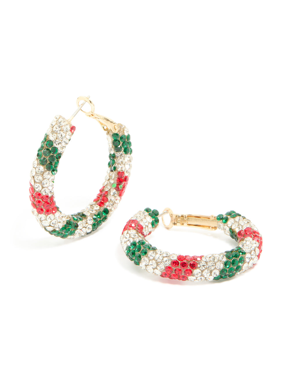Gold Green Red & Clear Diamante Candy Cane Hoop Earrings