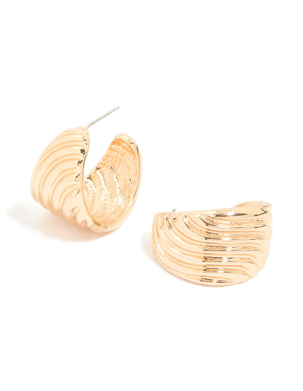 Gold Ribbed Wave Hoop Earrings