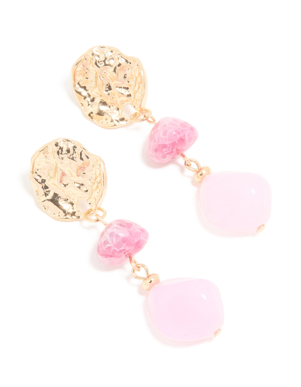 Gold Pink Beaded & Molten Disc Drop Earrings