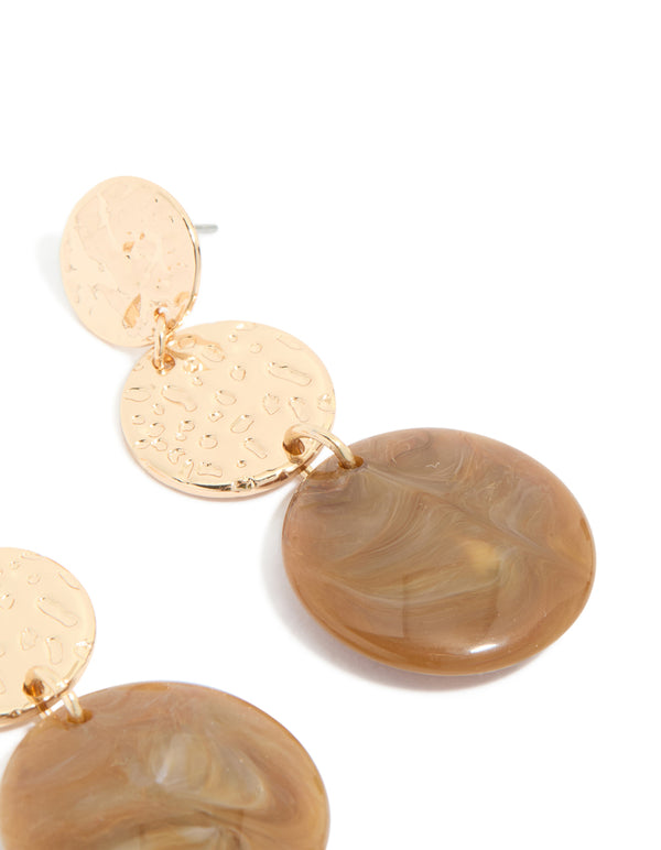 Gold Molten & Brown Stone Round Drop Earrings