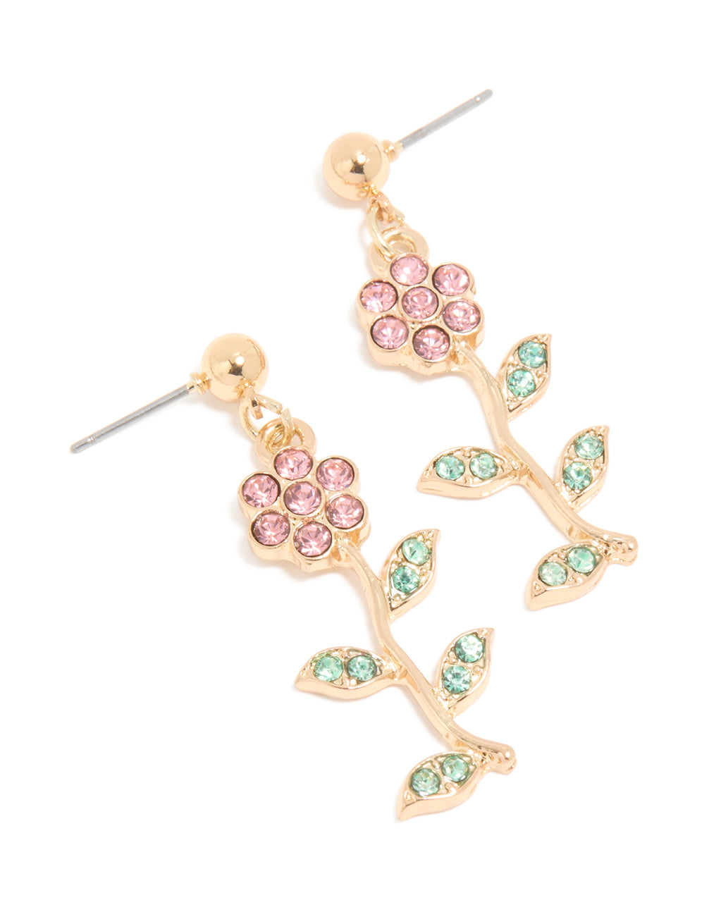 Gold Pink & Green Diamante Daisy Drop Earrings