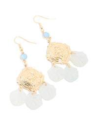 Gold Blue Diamante Disc & White Petal Drop Earrings - link has visual effect only