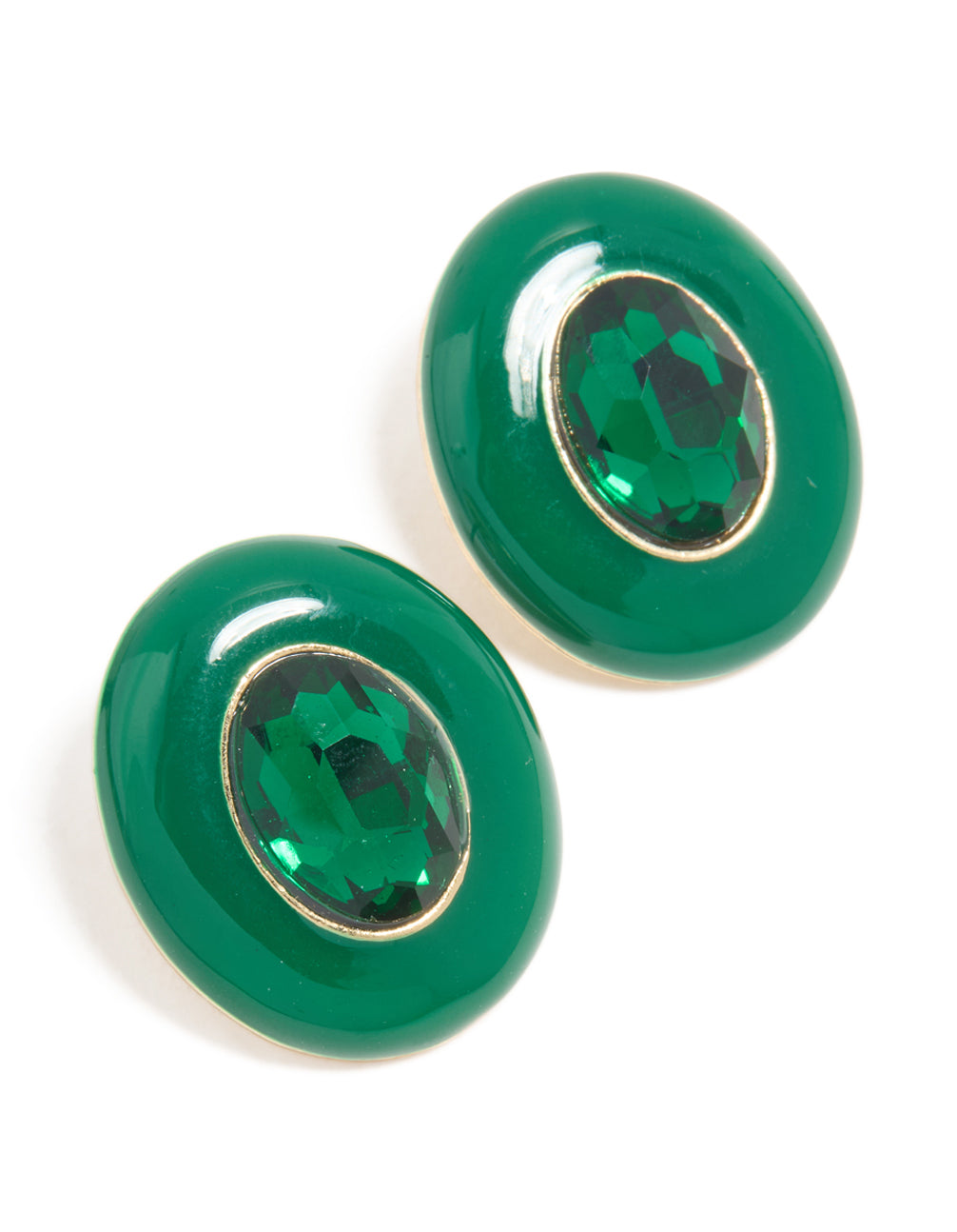 Showcasing gold green diamante vintage circle border stud earrings with teal accents front view