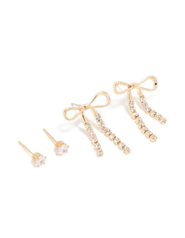 Gold Diamante Cup Chain Bow & Classic Stud Earrings 2-Pack