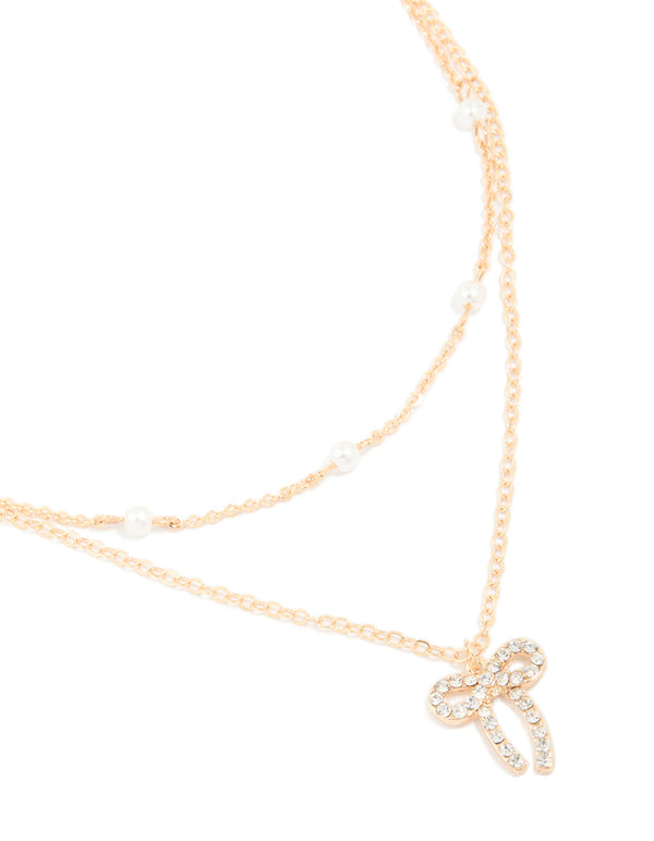 Gold Station Pearl & Diamante Bow Layered Necklace