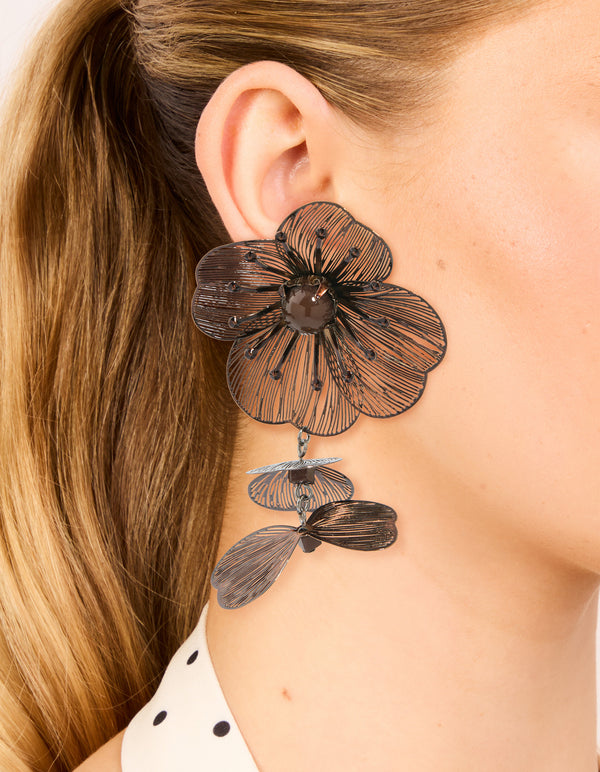 Brown Coated Metal Multi Lazer Cut Flower Drop Earrings