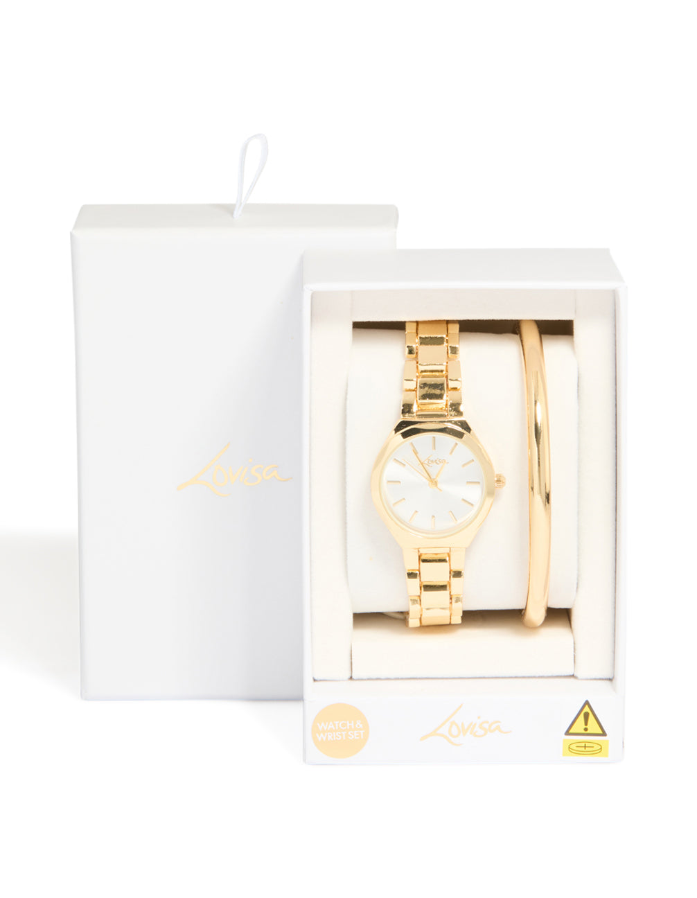 Crafted classic wrist cuff and watch set in gold with white dial, round shape, link band strap, analog type, designed for women, casual occasion case detail view