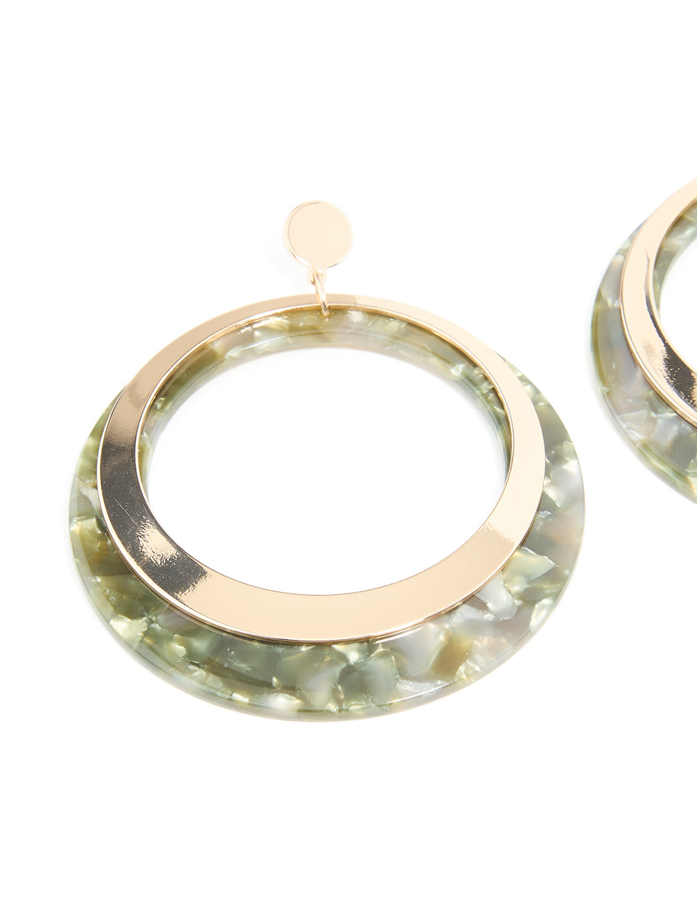 Gold Olive Green Shell Effect Drop Earrings