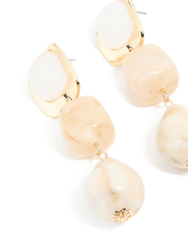 Gold Pink & White Beaded Square Drop Earrings