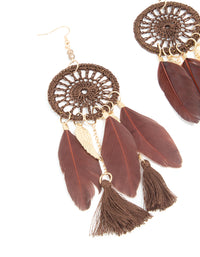 Gold Burgundy Feather & Brown Fabric Dreamcatcher Drop Earrings - link has visual effect only