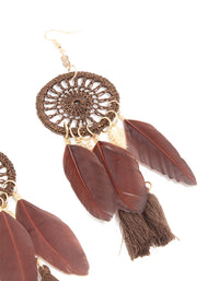 Gold Burgundy Feather & Brown Fabric Dreamcatcher Drop Earrings - link has visual effect only