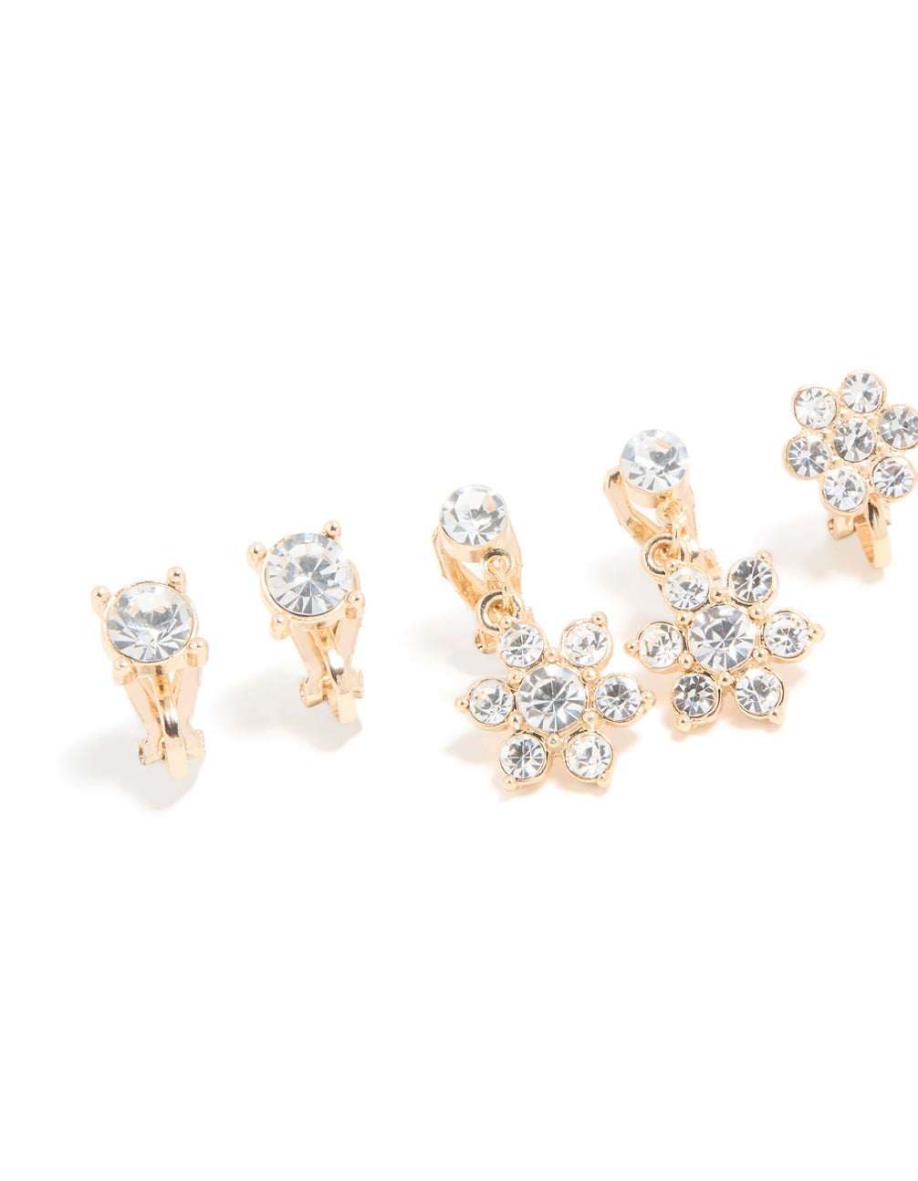 Gold Diamante & Pearl Flower Clip On Earrings 4-Pack