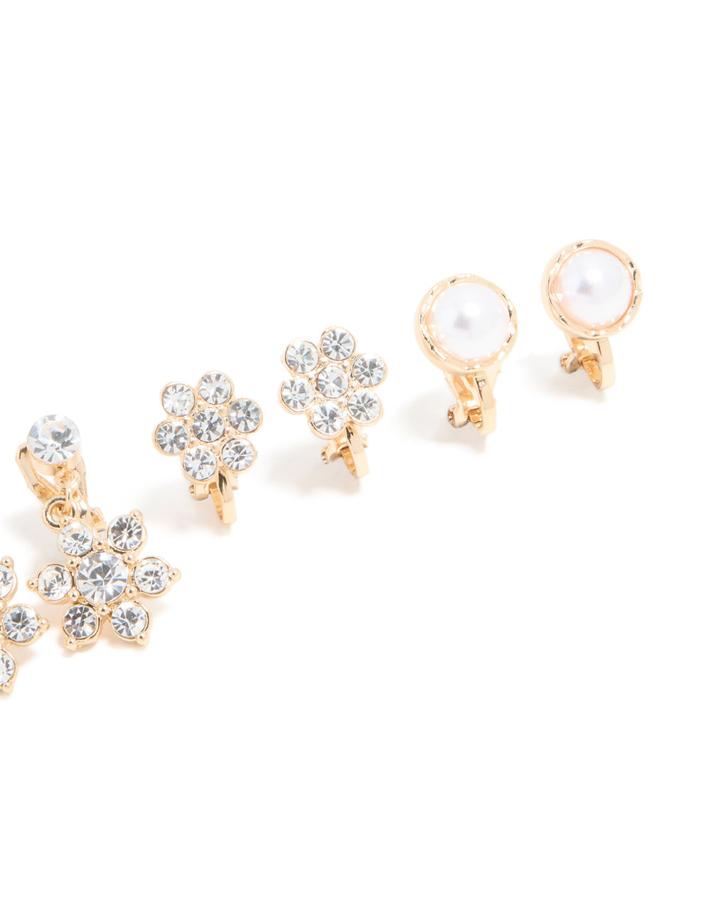 Gold Diamante & Pearl Flower Clip On Earrings 4-Pack