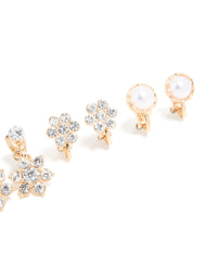 Gold Diamante & Pearl Flower Clip On Earrings 4-Pack - link has visual effect only