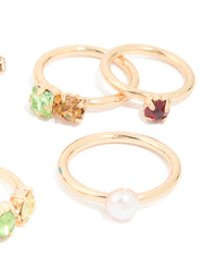 Gold Multicoloured Diamante & Pearl Rings 6-Pack - link has visual effect only
