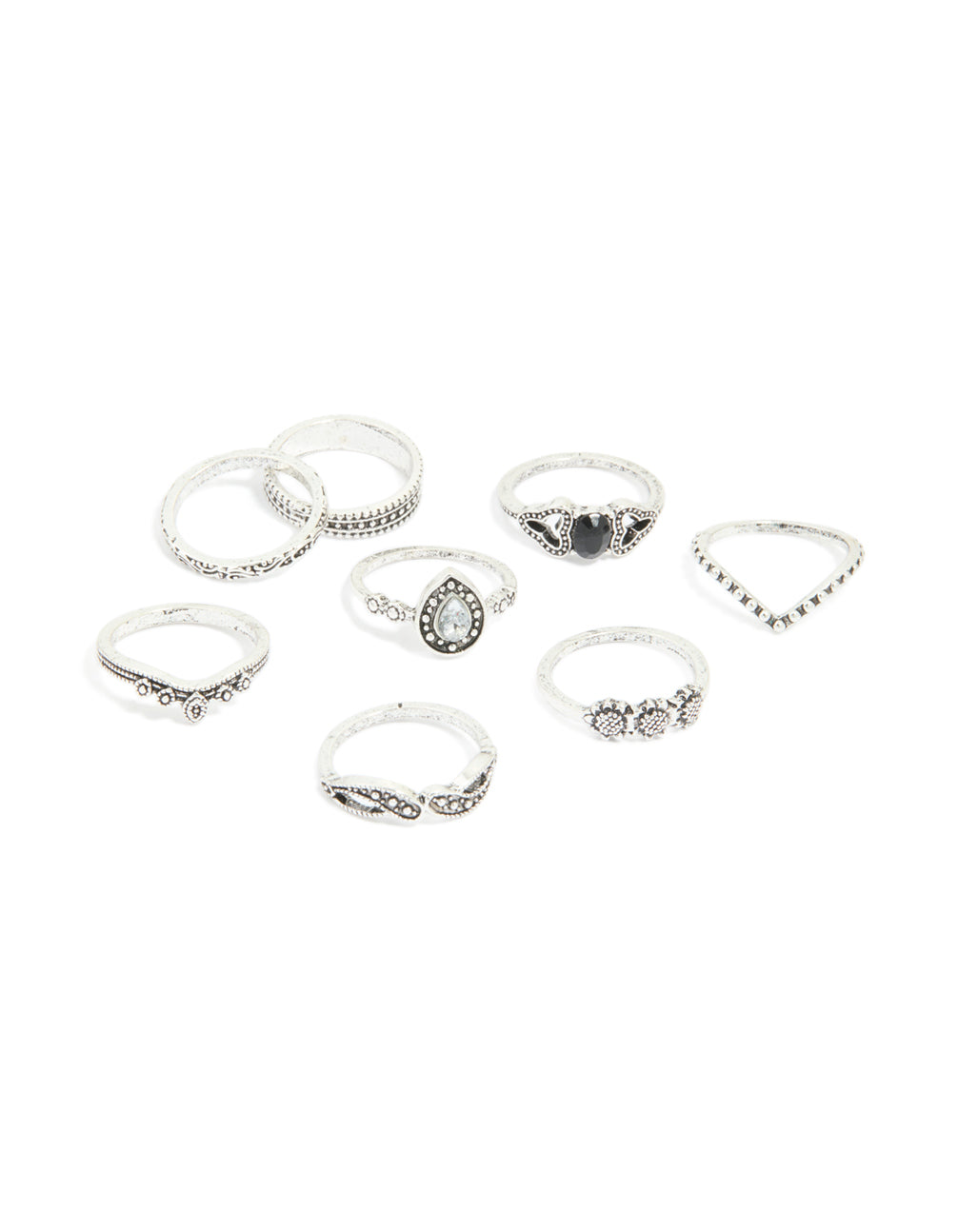 Antique Silver Diamante Signet Rings 8-Pack