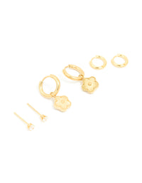 Waterproof Gold Plated Stainless Steel Flower Hoop & Cubic Zirconia Stud Earrings 3-Pack - link has visual effect only