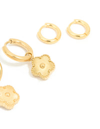 Waterproof Gold Plated Stainless Steel Flower Hoop & Cubic Zirconia Stud Earrings 3-Pack - link has visual effect only