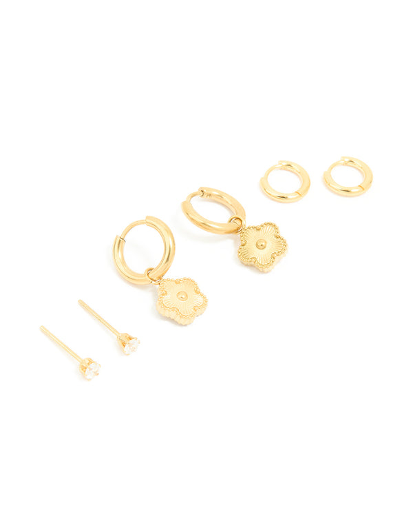 Waterproof Gold Plated Stainless Steel Flower Hoop & Cubic Zirconia Stud Earrings 3-Pack