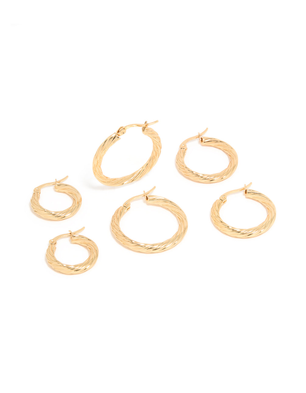 Waterproof Gold Plated Stainless Steel Twisted Multi-Sized Hoop Earrings 3-Pack