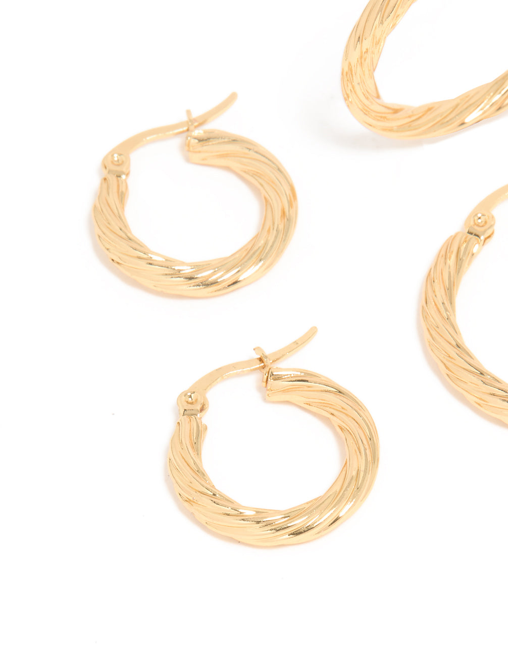 Waterproof Gold Plated Stainless Steel Twisted Multi-Sized Hoop Earrings 3-Pack