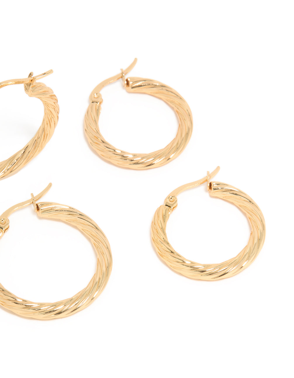 Waterproof Gold Plated Stainless Steel Twisted Multi-Sized Hoop Earrings 3-Pack