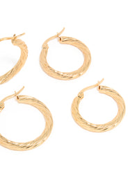 Waterproof Gold Plated Stainless Steel Twisted Multi-Sized Hoop Earrings 3-Pack - link has visual effect only