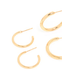 Waterproof Gold Plated Stainless Steel Smooth & Twisted Hoop Earrings 3-Pack - link has visual effect only