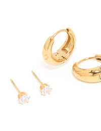 Waterproof Gold Plated Stainless Steel Hoop & Cubic Zirconia Stud Earrings 3-Pack - link has visual effect only