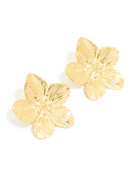 Waterproof Gold Plated Stainless Steel Textured Flower Stud Earrings - link has visual effect only