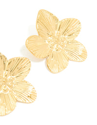 Waterproof Gold Plated Stainless Steel Textured Flower Stud Earrings - link has visual effect only