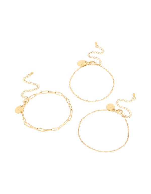 Waterproof Gold Plated Stainless Steel Mixed Chain Bracelets 3-Pack