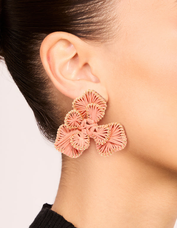 Mixed Metal Pink Raffia Paper Flower Stud Earrings